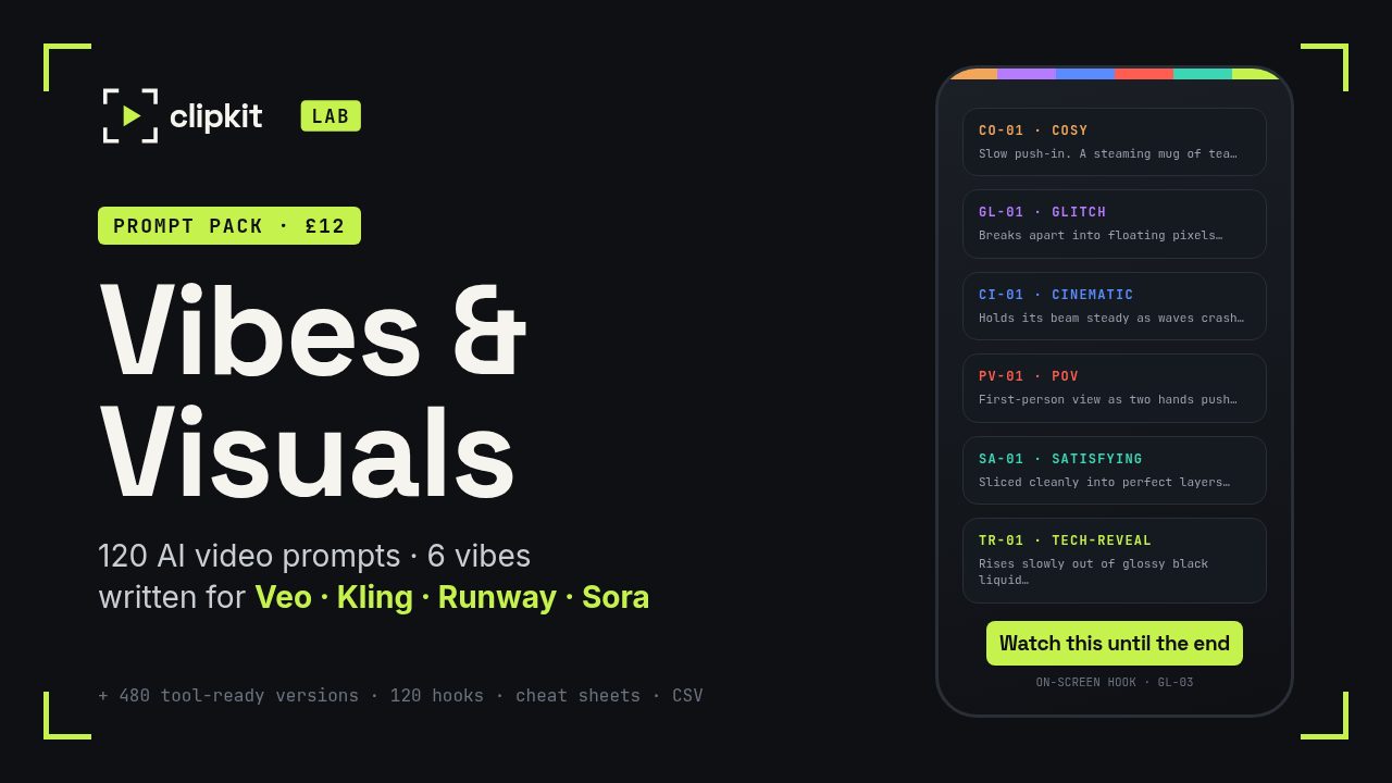 Cover of Prompt Pack: Vibes and Visuals showing six AI video vibes